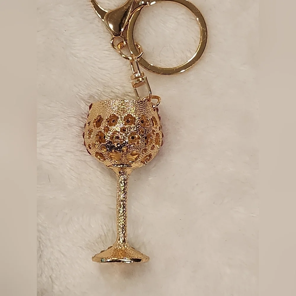 Wine Glass Pink and Gold Rhinestone Keychain Bag Charm
